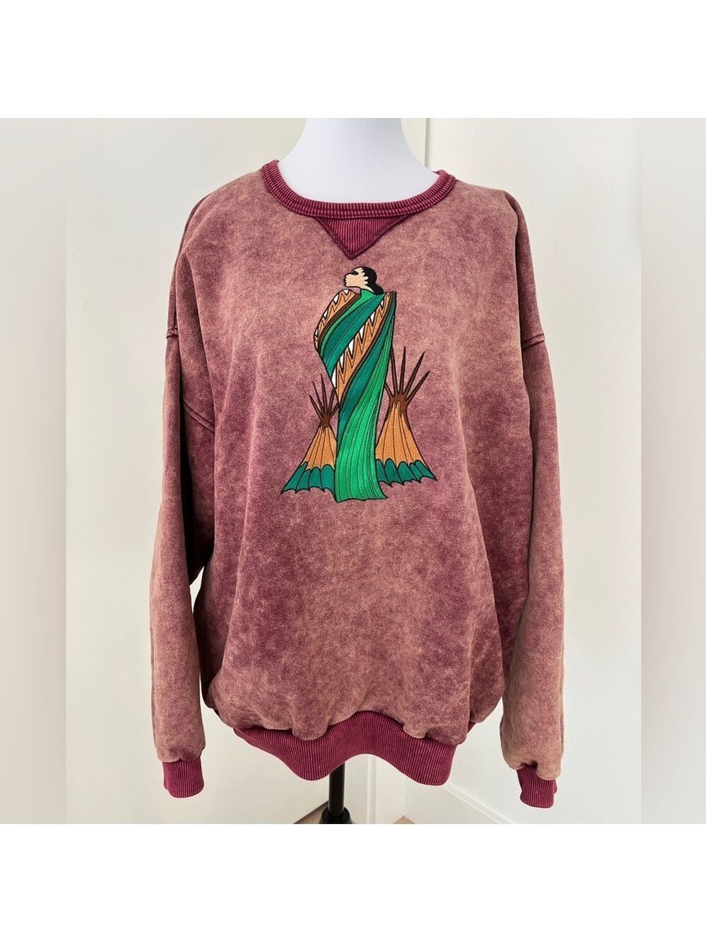 VINTAGE Fuzzy Stonewash Sweatshirt Indigenous Embroidered Design Made Canada - Picture 2 of 16